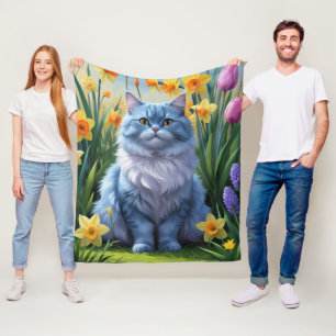 Oriental Blue Cat Spring Bloemen Schilderij Fleece Deken