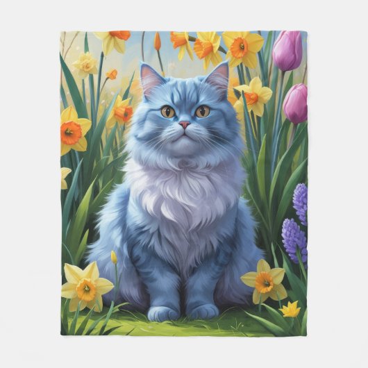 Oriental Blue Cat Spring Bloemen Schilderij Fleece Deken (Voorkant)