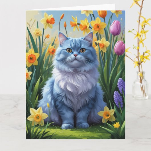 Oriental Blue Cat Spring Bloemen Schilderij Kaart (Gele Bloem)