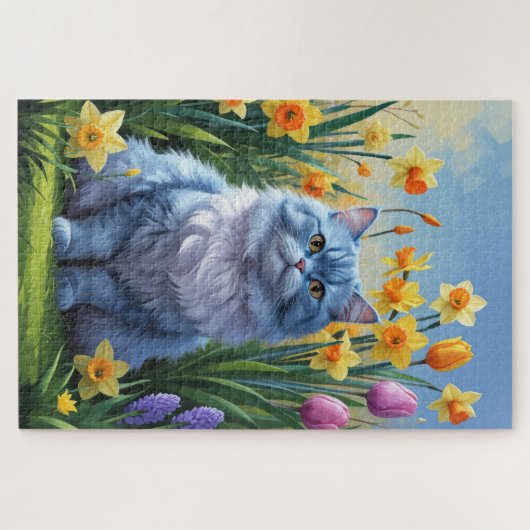 Oriental Blue Cat Spring Bloemen Schilderij Legpuzzel (Horizontaal)