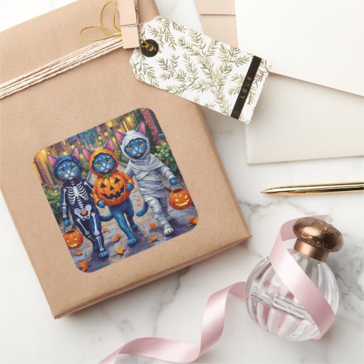 Oriental Blue Cats Trick-or-Treating Halloween Vierkante Sticker (Geschenken)