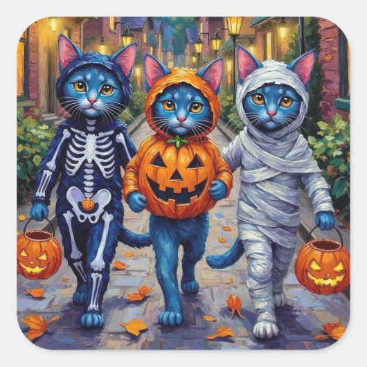 Oriental Blue Cats Trick-or-Treating Halloween Vierkante Sticker (Voorkant)