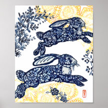 Oriental Blue en White Chinoiserie Bunny Rabbit