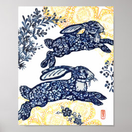 Oriental Blue en White Chinoiserie Bunny Rabbit Poster
