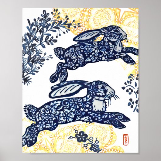 Oriental Blue en White Chinoiserie Bunny Rabbit Poster (Voorkant)