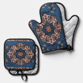 Oriental Blue Persian Turks tapijt Patroon Ovenwant & Pannenlap Set (Voorkant / Achterkant)