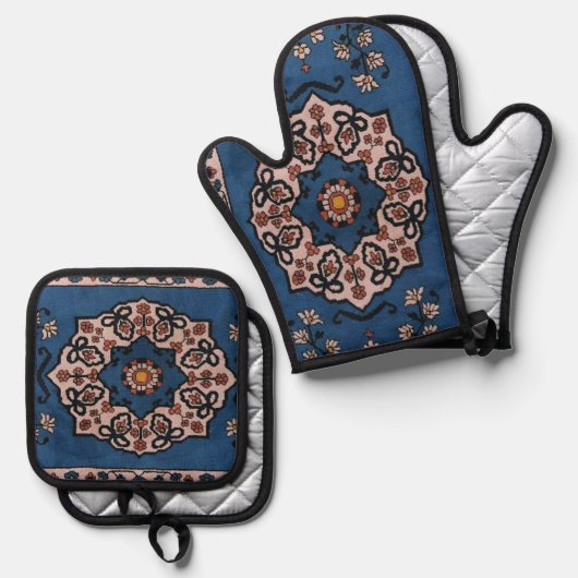 Oriental Blue Persian Turks tapijt Patroon Ovenwant & Pannenlap Set (Voorkant / Achterkant)