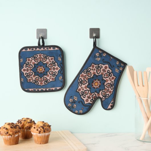 Oriental Blue Persian Turks tapijt Patroon Ovenwant & Pannenlap Set (Insitu(Ophanging))