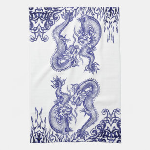 Oriental Blue White Dragon Chinese Fire & Water Theedoek