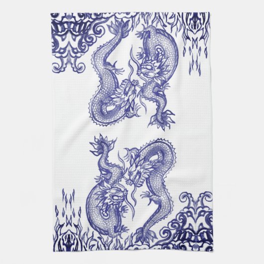 Oriental Blue White Dragon Chinese Fire & Water Theedoek (Verticaal)