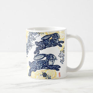 Oriental Blue White Gold Rabbit Floral Chinoiserie Koffiemok