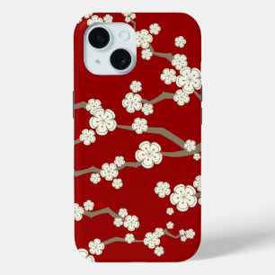 Oriental Cream Sakura Zen Cherry Blossom op rood iPhone 15 Case