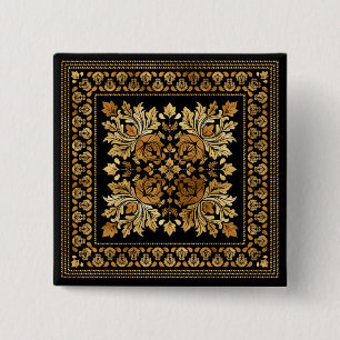 Oriental Damask Ornament - Zwart en goud Vierkante Button 5,1 Cm