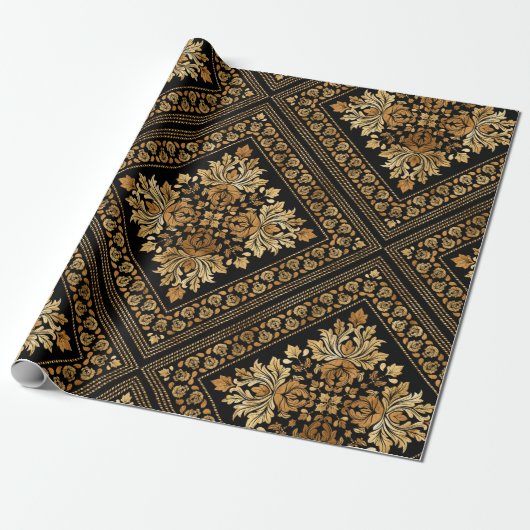 Oriental  Damask-patroon - zwart en goud Cadeaupapier (Uitgerold)