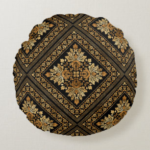Oriental Damask-patroon - zwart en goud Rond Kussen