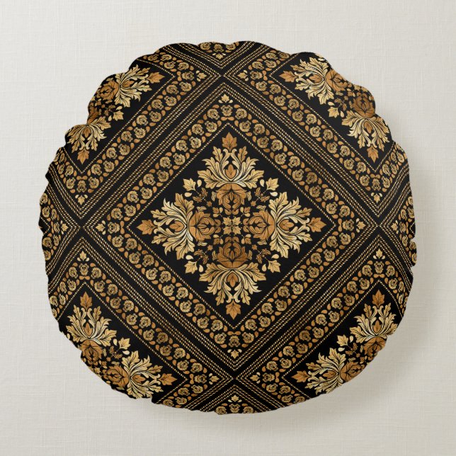 Oriental  Damask-patroon - zwart en goud Rond Kussen (Voorkant)