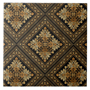 Oriental  Damask-patroon - zwart en goud Tegeltje