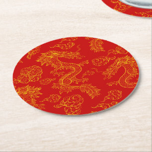 Oriental Dragon Pattern Gold en Red Ronde Kartonnen Onderzetter