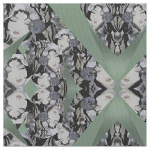 Oriental Faces Fabric op Seafoam Green, Grey/Black