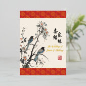 Oriental Flowers birds modern Chinese wedding  Folie Uitnodiging (Staand Voorkant)