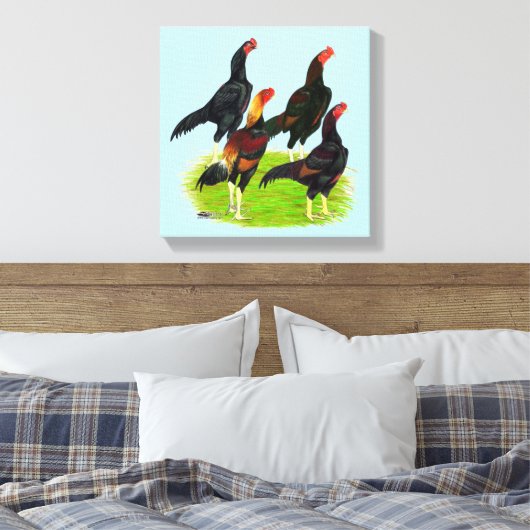 Oriental Game Fowl Quartet Canvas Afdruk (Insitu (Slaapkamer))