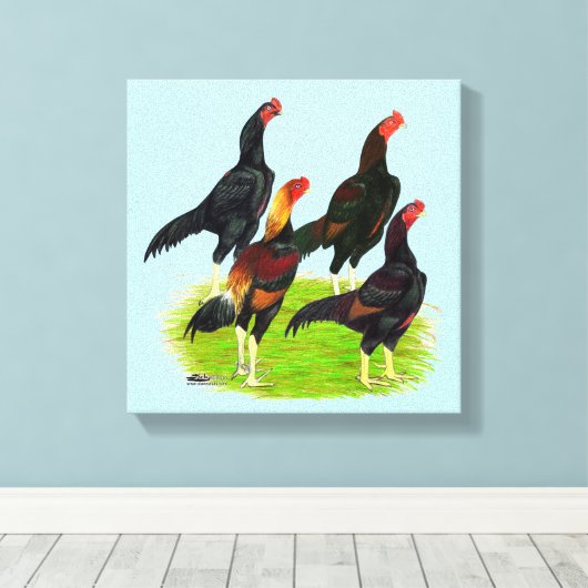 Oriental Game Fowl Quartet Canvas Afdruk (Insitu (Houten vloer))