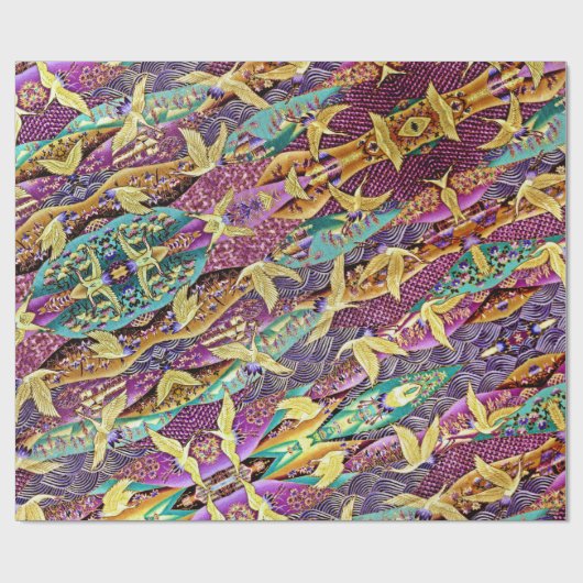Oriental Golden Cranes Patchwork Wrapping Paper Cadeaupapier (Vlak)