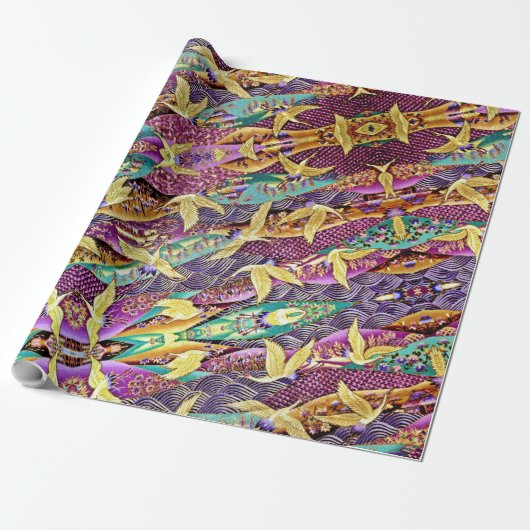 Oriental Golden Cranes Patchwork Wrapping Paper Cadeaupapier (Uitgerold)