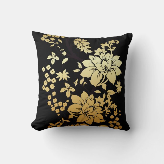 Oriental Golden Flowers op Black Kussen (Voorkant)