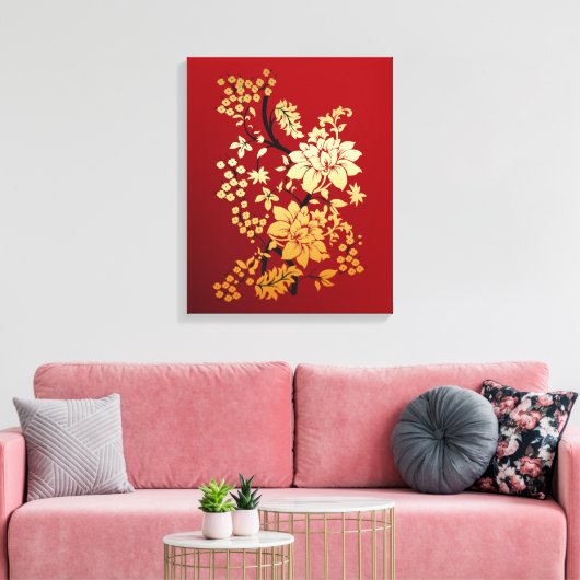 Oriental Golden Flowers op Red Canvas Afdruk (Insitu (Woonkamer))