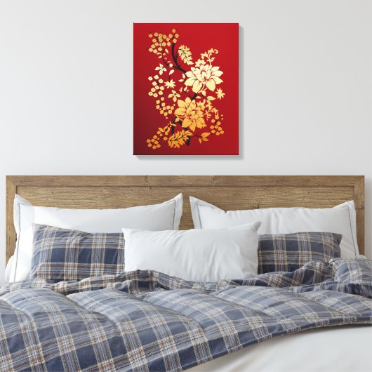 Oriental Golden Flowers op Red Canvas Afdruk (Insitu (Slaapkamer))