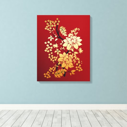 Oriental Golden Flowers op Red Canvas Afdruk (Insitu (Houten vloer))
