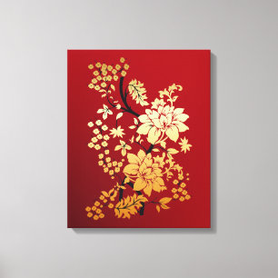 Oriental Golden Flowers op Red Canvas Afdruk