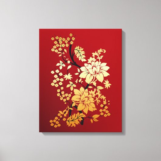 Oriental Golden Flowers op Red Canvas Afdruk (Voorkant)