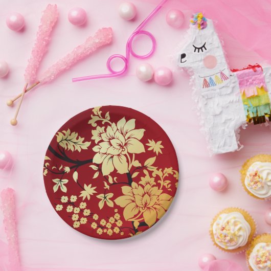 Oriental Golden Flowers op Red Papieren Bordje (Feest)