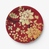 Oriental Golden Flowers op Red Papieren Bordje (Voorkant)