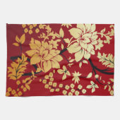 Oriental Golden Flowers op Red Theedoek (Horizontaal)
