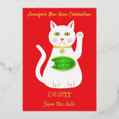 Oriental Lucky Cat Chinese New Year Save the Date Folie Feestdagenkaart (Voorkant)