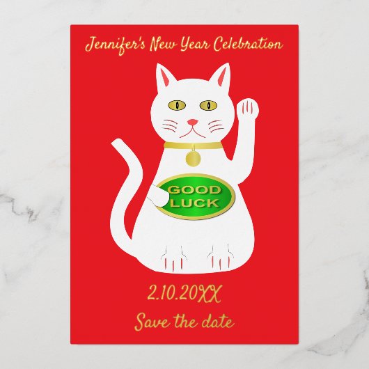 Oriental Lucky Cat Chinese New Year Save the Date Folie Feestdagenkaart (Voorkant)