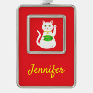 Oriental Lucky Cat Custom Name Verzilverd Omlijst Ornament