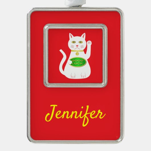 Oriental Lucky Cat Custom Name Verzilverd Omlijst Ornament (Voorkant)