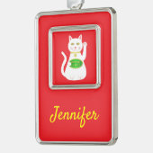 Oriental Lucky Cat Custom Name Verzilverd Omlijst Ornament (Links)