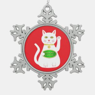 Oriental Lucky Cat Tin Sneeuwvlok Ornament