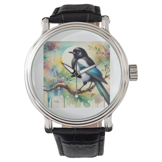 Oriental Magpie 310724AREF130 - Watercolor Horloge (Voorkant)