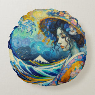 Oriental Maiko Geisha Kanagawa wuift Van Gogh mix Rond Kussen