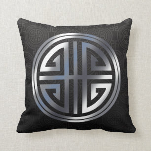Oriental Ornamental Long Life Symbol Black Silver Kussen