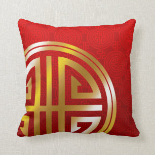 Oriental Ornamental Long Life Symbol   rood goud Kussen