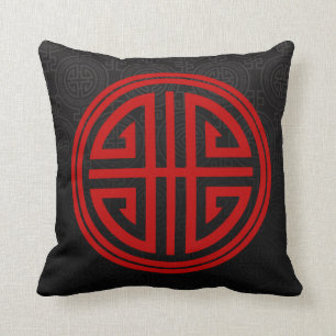 Oriental Ornamental Long Life Symbol zwart rood Kussen