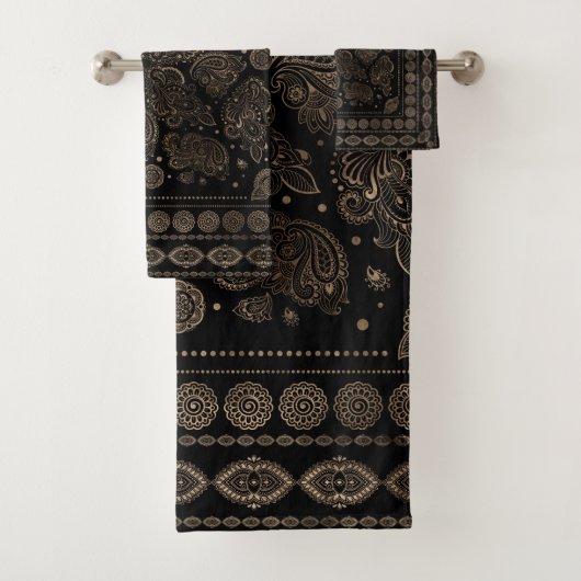 Oriental Paisley Ornament Gold op Black Bad Handdoek (Insitu)