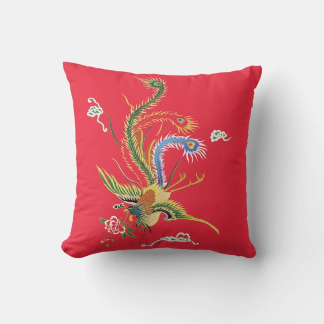 Oriental Pheasant on Bright Red Pillow Kussen (Voorkant)